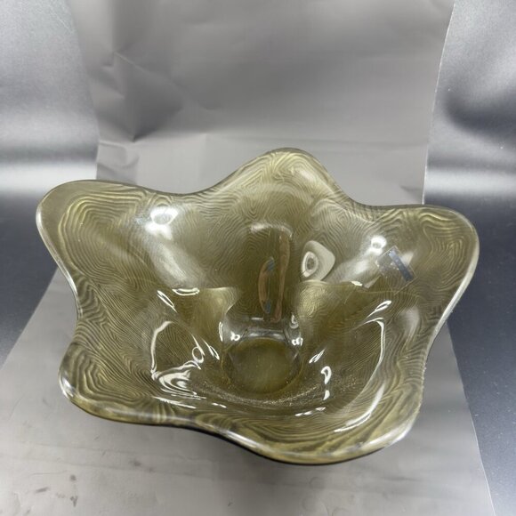 Sasaki Stephen Dweck Glass Bowl Abstract Shape Olive Green Satin Swirl Japan VTG - Picture 5 of 16